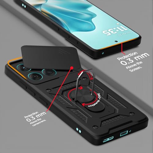 Image of Pikkme Back Cover for Motorola Moto Edge 60 Pro 5G | 360 Protection Case | Sliding Camera Shield Cover & Ring Holder Stand D10 Tough Armor Bumper Case (Black)