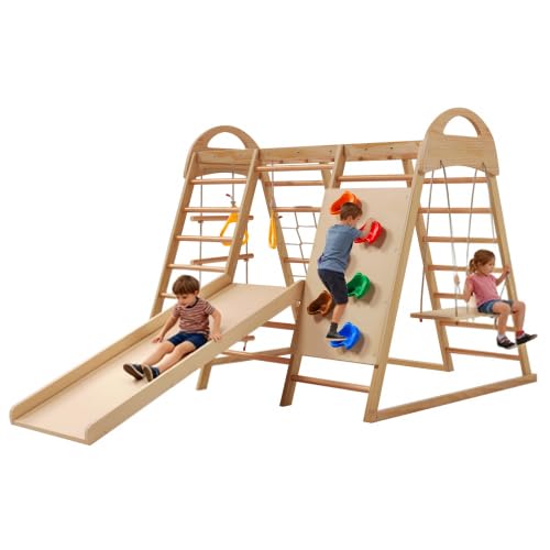 7 in 1 Großes Klettergerüst Indoor, Multifunktions Kletterspielzeug, Holz Spielplatz mit Rutsche, Schaukel, Kletterwand, Turnringen, Kletterstein aus Kunststoff, für Kinder ab 3 Jahre(Massivholz)