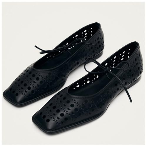 Image of Ballet Flats for Women Lace Up Bow Square Toe Mary Janes Cute Ballerina Shoes Slip On Comfortable Elegant Dress Shoes