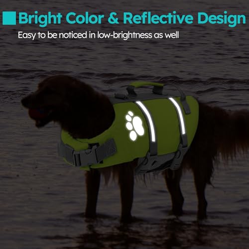 Queenmore Hundeschwimmweste Große Hunde, Ripstop Schwimmweste Hund, Verstellbare Hunde Schwimmwest Mit Griff, Reflektierende Schwimmweste Französische Bulldogge, Kajak Bootfahren, Grün, L