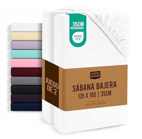 Utopia Bedding Juego de 2 Sabana Bajera 135x190 - Blanco - Bolsillo Profundo - Microfibra Cepillada (Cama 135)