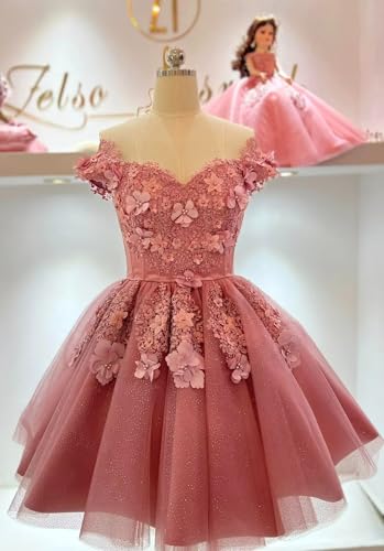 Zhangyo Off Shoulder Homecoming Dresses for Teens Sparkly Tulle DAMA Dresses for Quinceanera Puffy Lace Short Prom Gown2