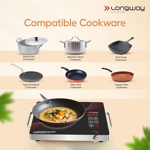 Image of Longway Infralite Pro 2200W Infrared Induction Cooktop with Steel Grill Rack, Crystal Glass Top, Touch Panel & Digital Display, 4 Preset Modes - Stir Fry, BBQ, Hot Pot & Steam, Red
