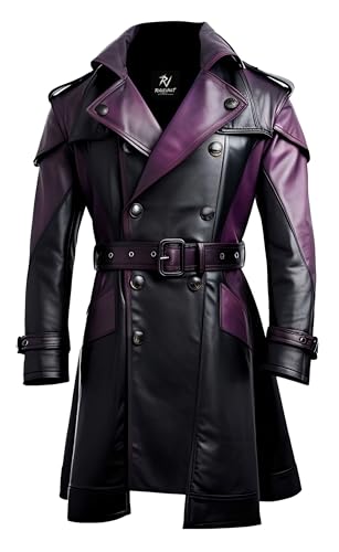 Men’s Two-Tone Faux Leather Trench Coat | Black & Purple Long Belted Jacket with Notch Lapel Collar, Gothic Streetwear