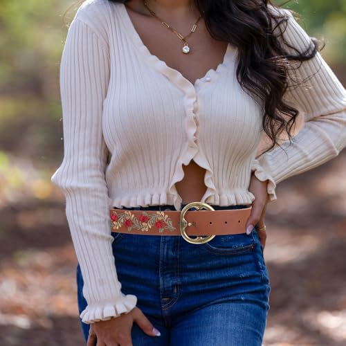 LUOZZY 2 Pcs Women Boho Embroidered Floral Waist Belt with Buckle Vintage Fashion Accessories for Dresses and Jeans3