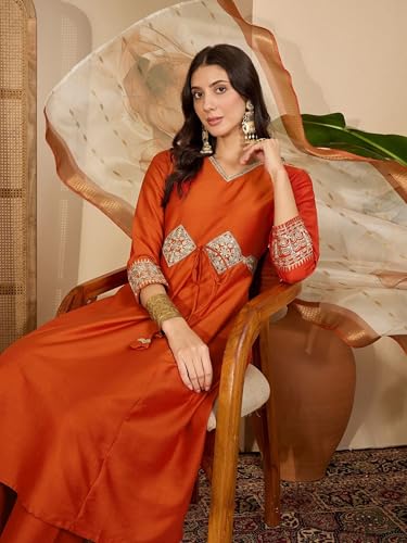 Image of EthnicJunction Women's Cotton Silk Embroidered Anarkali Kurta Palazzo with Digital Print Dupatta Set
