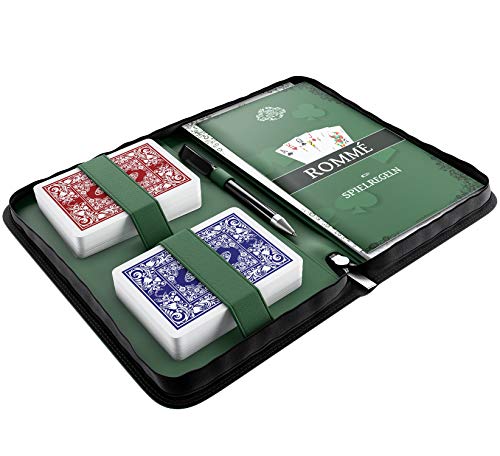 Karty do gry Bullets Playing Cards w zestawie Rummy w etui z imitacji skóry, w tym karty do gry z tworzywa sztucznego, zasady gry z 15 wariantami romé, krótkie zasady, długopis i bloczek