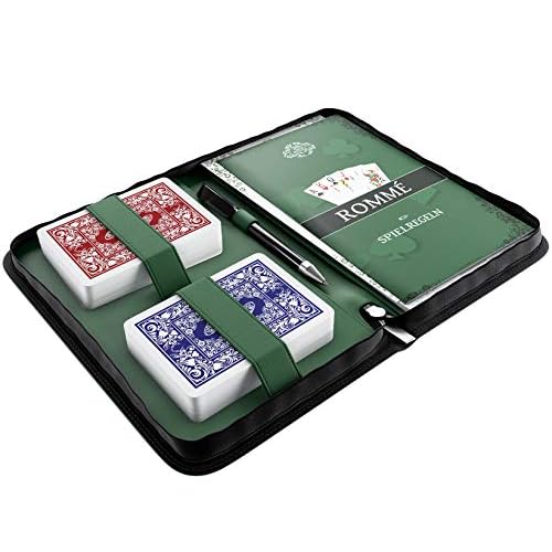 Bullets Playing Cards Rommé Set in Kunstleder-Etui, inklusive Plastik Spielkarten, Spielregeln mit 15 Rommee-Varianten, Kurzregeln, Stift und Block