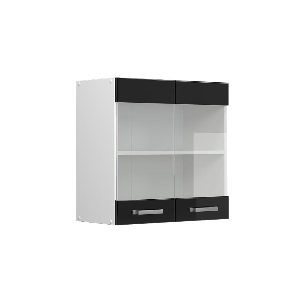 Vicco Glass kitchen cabinet Raul, Black high gloss, 60 cm, for flexible combination within modular kitchen systems