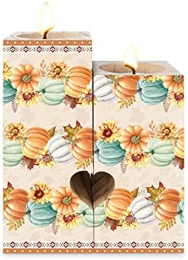 Fall Southwestern Candle Tealight Holders,Gifts for Him,Her,Kids,Women,Men - Heart Decorative Wood Candle Holder with Tea Lights,Wooden Candlestick Decor,Thanksgiving Pumpkins Sunflower Maple Leaf
