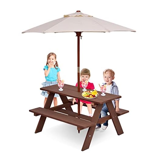 Costzon Kids Picnic Table Set Children Junior Rainbow Bench w/Umbrella (Brown & Beige)