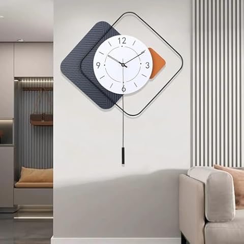 FILLOVE Large Decorative Wall Clock with Pendulum for Living Room, Metal Hands, Orange Accent White Dial, Silent Metal Wall Clock for Living Room, Bedroom, Study, Office（19.6 inch * 24 inch Diamond. Cover