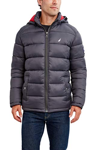Nautica Men's Water Resistant Nylon Puffer Jacket, Charcoal, Medium