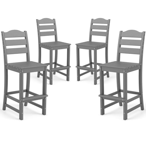 Image of Tangkula Patio HDPE Barstool, Outdoor High Top Bar Chair w /Backrest & Footrest, All-Weather Wood-Plastic Bar Height Chair for Poolside, Backyard, Porch (4, Grey)