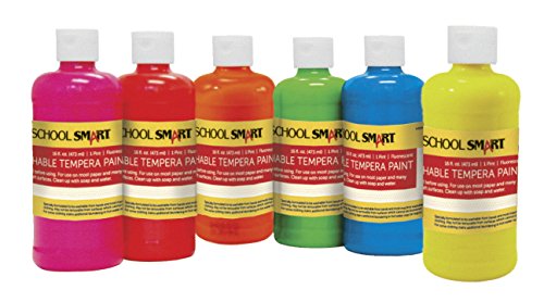 School Smart Washable Tempera Paints, 1 Pint, Assorted Fluorescent Colors, Set of 6