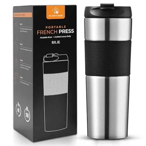 Travel French Press Coffee Maker 15oz Stainless Steel Double-Walled...