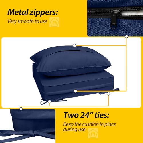 Image of AAAAAcessories Outdoor Seat Cushions for Chairs, Fade-Resistant, Waterproof Patio Furniture Replacement Cushions, 24 inch x 24 inch x 5 inch + 24 inch x 19 inch, Set of 2, Navy Blue