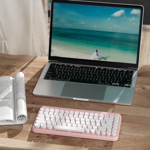 Image of UBOTIE Wireless Bluetooth Keyboard, Portable 84-Key with Cute Retro Round Keycaps, Ergonomic Typewriter Keyboards Compatible with Windows, Android, MAC (Pink-White)