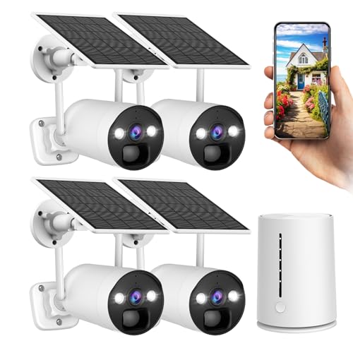3MP Solar Security Cameras Wireless Outdoor, 2K Solar Home Security Camera System 4-Cam Kit with PIR Human Detection,2-Way Audio,Color Night Vision,Spotlight,SD Local Storage/Cloud,Work with Alexa
