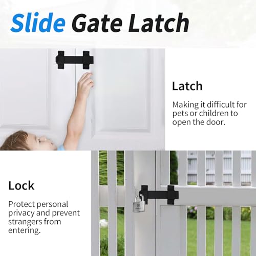 Outdoor Gate Latches for Wooden Gates, Slide Gate Latch Lock with Padlock Hole, Double Heavy Duty Gate Latch Lock Compatible with Garden Wooden Fence, Shed, Barn Door (Black)