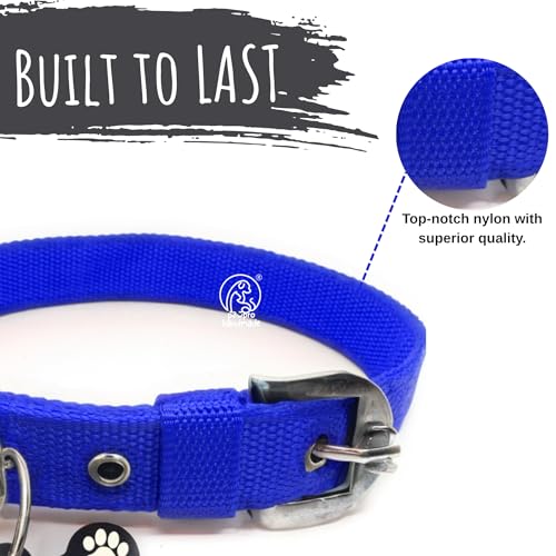 Image of PawPro Personalized Dog Collar with Name Tag, Soft Nylon Pet Collar with Custom Bone Shape ID Tag, Adjustable Dog Neck Belt with Stainless Steel Buckle for Small, Medium & Large Dogs (Blue, Small)