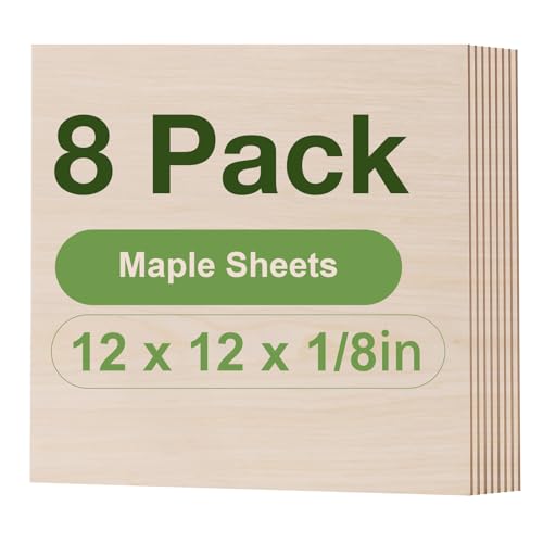 Wowood 8 Pack Maple Plywood Sheets, 12 x 12 x 1/8 Inch, 3mm Plywood for Laser Cutting, Thin Unfinished Wood Sheets for Architectural Models, Wood Burning and DIY Wood Crafts