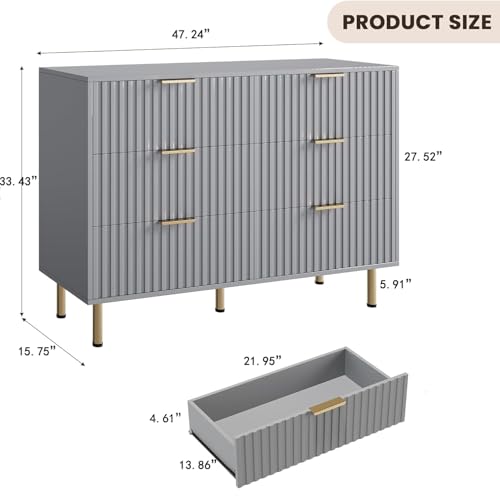 6 Drawer Dresser for Bedroom, Fluted 47.2" Wide Modern Chest of Drawers with Deep Drawers, Long Large Double Dresser TV Stand, Wooden Dresser Organizer for Living Room, Hallway, Kids Room, Grey