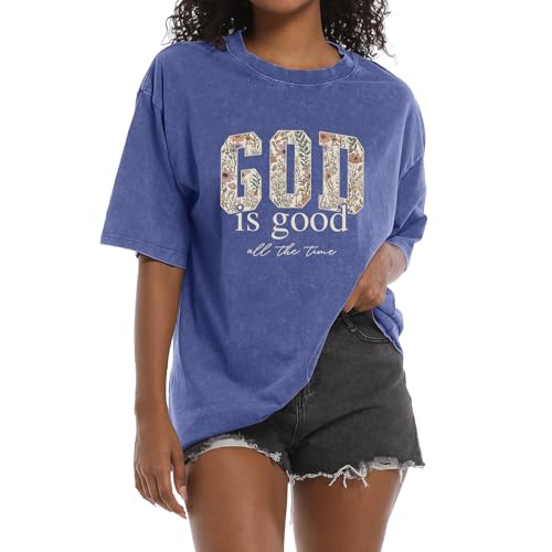 Image of Christian God is Good Shirts for Women Jesus Faith Religious T Shirts Floral Graphic Oversized Acid Washed Tee Tops