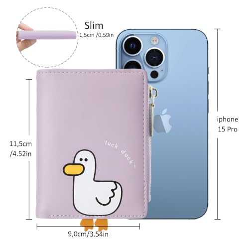 Image of Small Womens Wallet, Cute Bifold RFID Blocking Vegan Wallet for Teen Girls Ladies with Zipper Coin Pocket (Duck Purple)