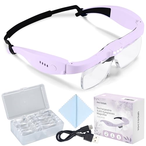YOCTOSUN Magnifying Glass with Light 0.75X-4.0X Magnifying Glasses Rechargeable Head Magnifier with 5 Detachable Lenses Magnifier Headset for Close Work Jewelry Crafts Hobby