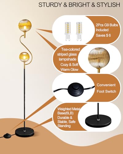 Image of Lightdot Gold & Black Floor Lamp, Mid Century Standing Lamps with Globe Teaed-Strip Glass Shade& Warm White Bulbs Included, Modern Tall Floor Lamp for Living Room /Bedroom /Sofa Beside /Corner Decor