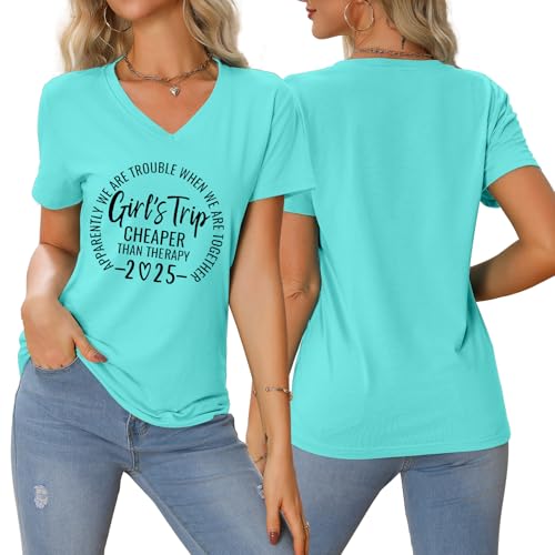 Girls Trip T Shirts for Women 2025 Funny Travel V Neck Tshirt Short Sleeve Tees Tops Soft Cotton T-Shirts2