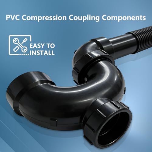 Image of Lesso Inch ABS P-Trap - HUB x HUB x Cleanout with Plug, Black, Leak-Proof Sink Drain Trap for Kitchen /Bathroom Plumbing