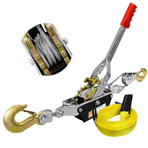 SENKEYFE Come Along Winch Heavy Duty, 10FT 2T Come Along Pulling Tool 2 Gears 2 Hooks, Cable Winch Puller, Come Along Power Puller Ratchet Tool for Construction Automotive Farm Fences (with Straps)