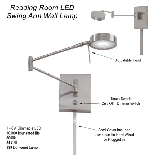 Image of GEORGE KOVACS P4308-084 George's Reading Room LED Swing Arm Wall Lamp, 1-Light, 8 Total Watts, 6.25-in H x 13.75-in W, Brushed Nickel