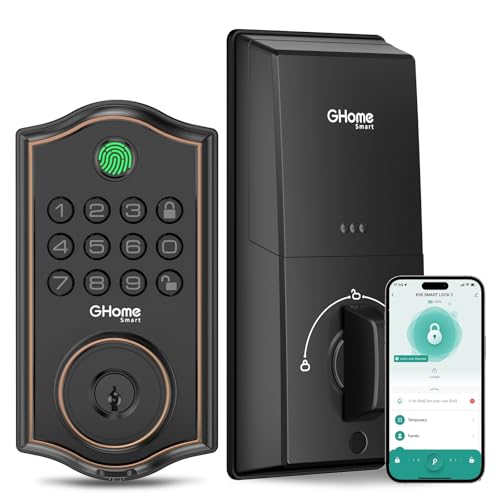 Ghome Smart Deadbolt Lock for Front Door – Fingerprint, APP, Keypad & Key Entry, Auto-Lock, Easy Install | Deadbolt Smart Lock for Home/Apartment/Hotel/Garage (Black)