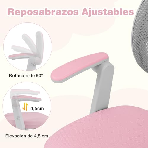 Miniatura 5 de Costway Silla Escritorio Juvenil, Silla Ergonómica Infantil Con Asiento Giratorio 360 , Reposabrazos Ajustables, Silla Giratoria De Malla Con Ruedas Universales Para Niños