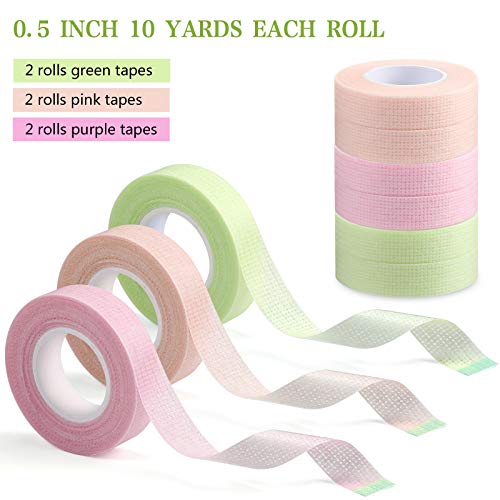 Maitys-6-Roll-Lash-Tape-for-Eyelash-Extensions-with-Eyelash-Tape-Dispenser-Cutter-Breathable-Adhesive-Fabric-Tape-for-Eyelash-Extension-Supplies-05-Inch-Wide-10-Yard-Long-Green-Pink-Purple