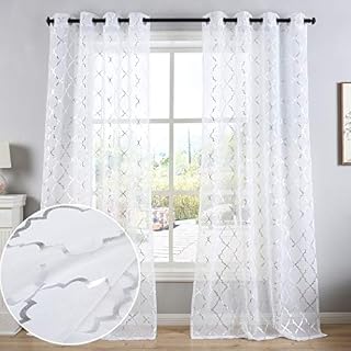 Kotile White Voile Curtains 54 Drop - Metallic Silver Foil Geometric Moroccan Tile Print Sheer Net Curtains Eyelet Top Light Filter & Privacy Panels for Bedroom, 46 x 54 Inch Drop, 2 PCs