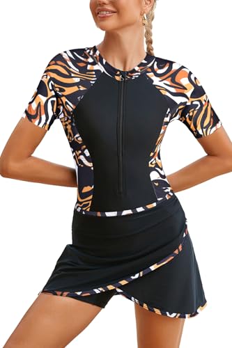 SHEKINI Femmes Deux pièces Sport Manches Courtes Surf Zip garçon Jambe Une pièce Anti - éruption Maillot de Bain + Jupe de Natation (Noir + Texture irrégulière, XL)