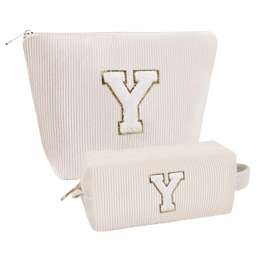 Giftota 2 Stück Personalisierte Kosmetiktasche Damen Cord Schminktasche, A–Z Make up Tasche mit Buchstaben, Kulturtasche für Reisen, Geschenk für Frauen Mädchen, Geburtstagsgeschenk für Frauen Mama