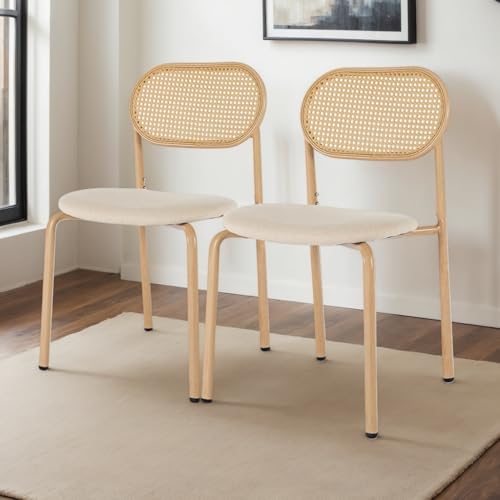 DAHUEN Lot de 2 Chaises de Salle à Manger en rotin,47x50x80cm avec Dossier Rotin Siège Rembourré,4 Pieds reglables,chaises Confortables pour Salon,Style bohême,Nature