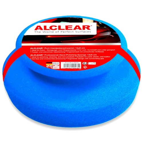 ALCLEAR 5713050M Auto Profi Handpolierschwamm 130x50 mm mit umlaufender Griffleiste f&uuml;r Wachse, Auto Polituren, Kfz Lackreiniger, Politur Set, statt Poliermaschine, Farbe blau