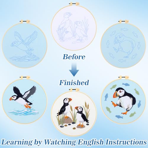 Image of Mindsoft 3 Set Needlepoint Kit for Beginners with Hoop,Sea Bird
