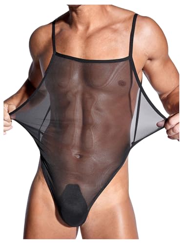Men's Men's Sheer Mesh Sexy Bodysuits See Through High Cut Thong Leotard Singlet