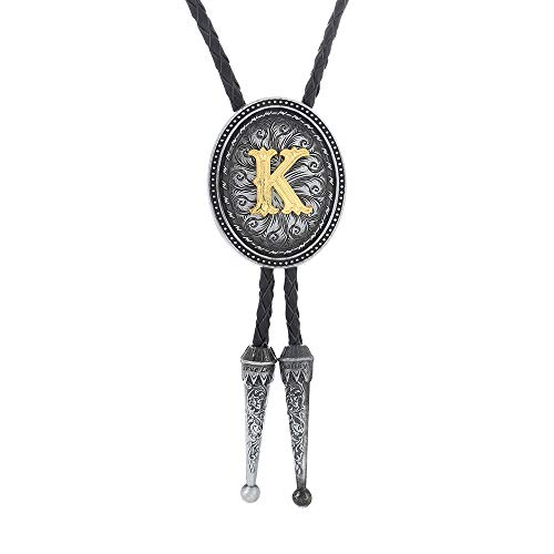 KDG bolo tie for man Golden Initial A to Z oval shape Antique silver blackground