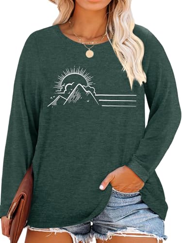 MK Shop Limited Womens Plus Size Tops Cute Graphic Vintage Sunrise Sunset Print Long Sleeve Natura Tees Fall O Neck Shirts