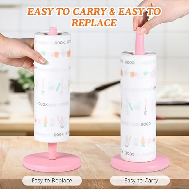 Pink Paper Towel Holder Countertop with 2 Hooks, Stainless Steel, Paper Towel Stand Holder 11 X 5.1 for Kitchen Bathroom Farmhouse Essentials Decor Accessories