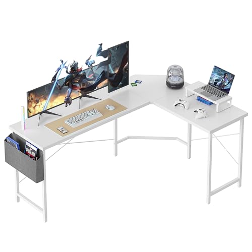 CubiCubi Gaming Tisch Eckschreibtisch 170x120cm, Schreibtisch mit Monitorständer und Seitlicher Aufbewahrungstasche, Gaming Schreibtisch L Form, Computertisch, Weiß