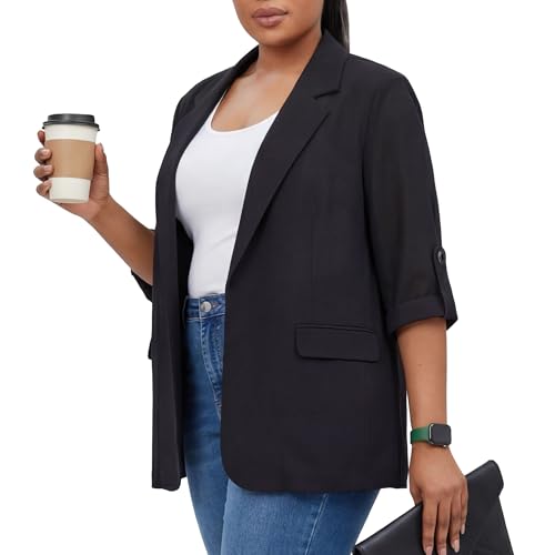 Plus Size Lightweight Blazer for Women Relaxed Fit Business Casual Jacket with Ruched 3/4 Sleeves Black 2XL
